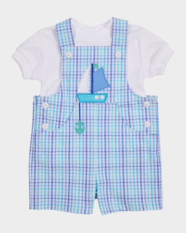 Boy's Sailboat Plaid Shortalls & T-Shirt Set, Size 3M-24